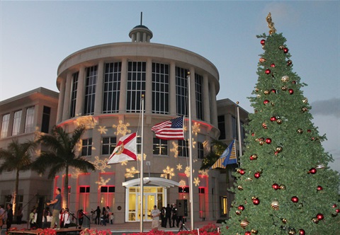 Government Center with palm trees, flags, and tall tree with ornaments, lit in red.jpeg