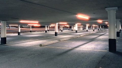 Dimly lit parking garage